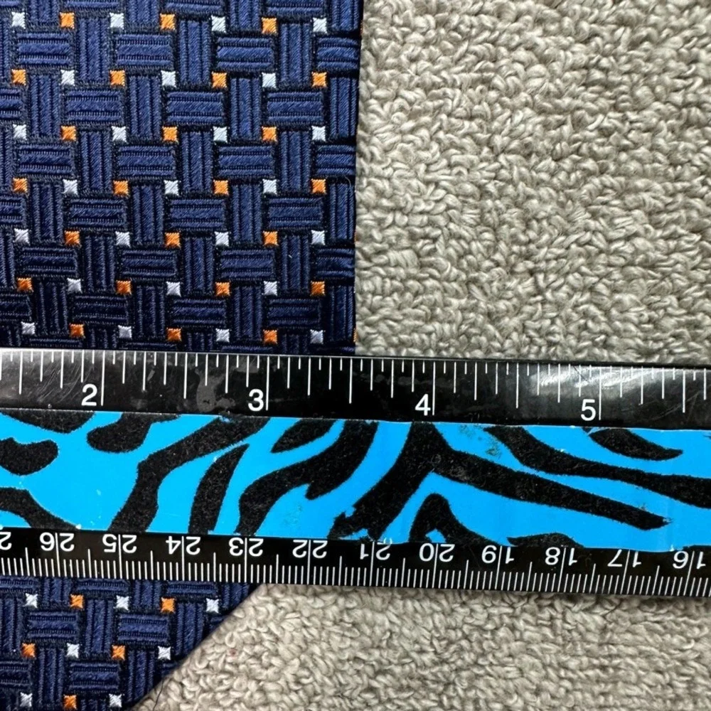 Tino Cosma Navy Blue Orange Geometric Basketweave Silk Tie Made in Italy